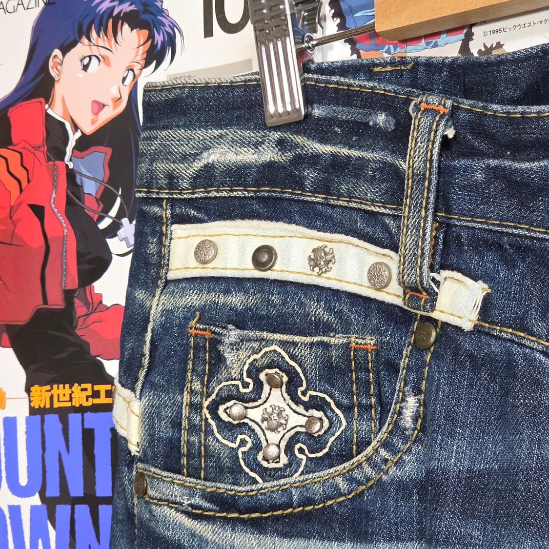 y2k 펑크 크로스 패치 스컬 스터드 데님 팬츠 상품이미지7