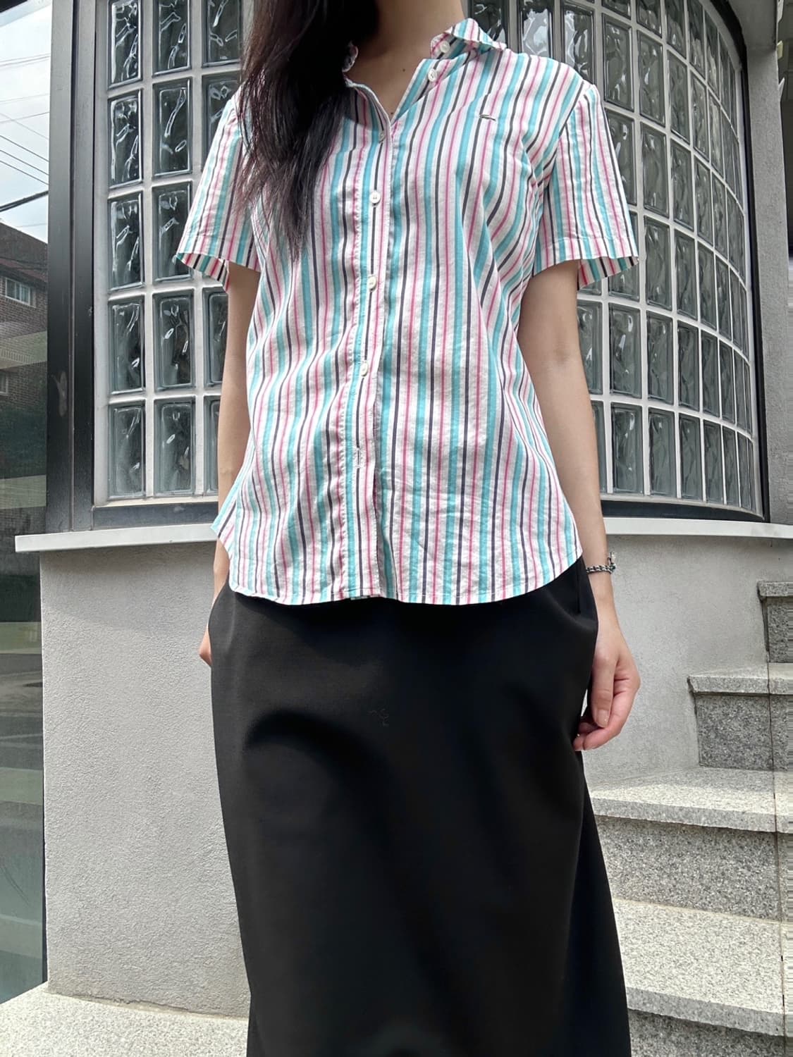 LACOSTE stripe shirt / pink & green 상품이미지6