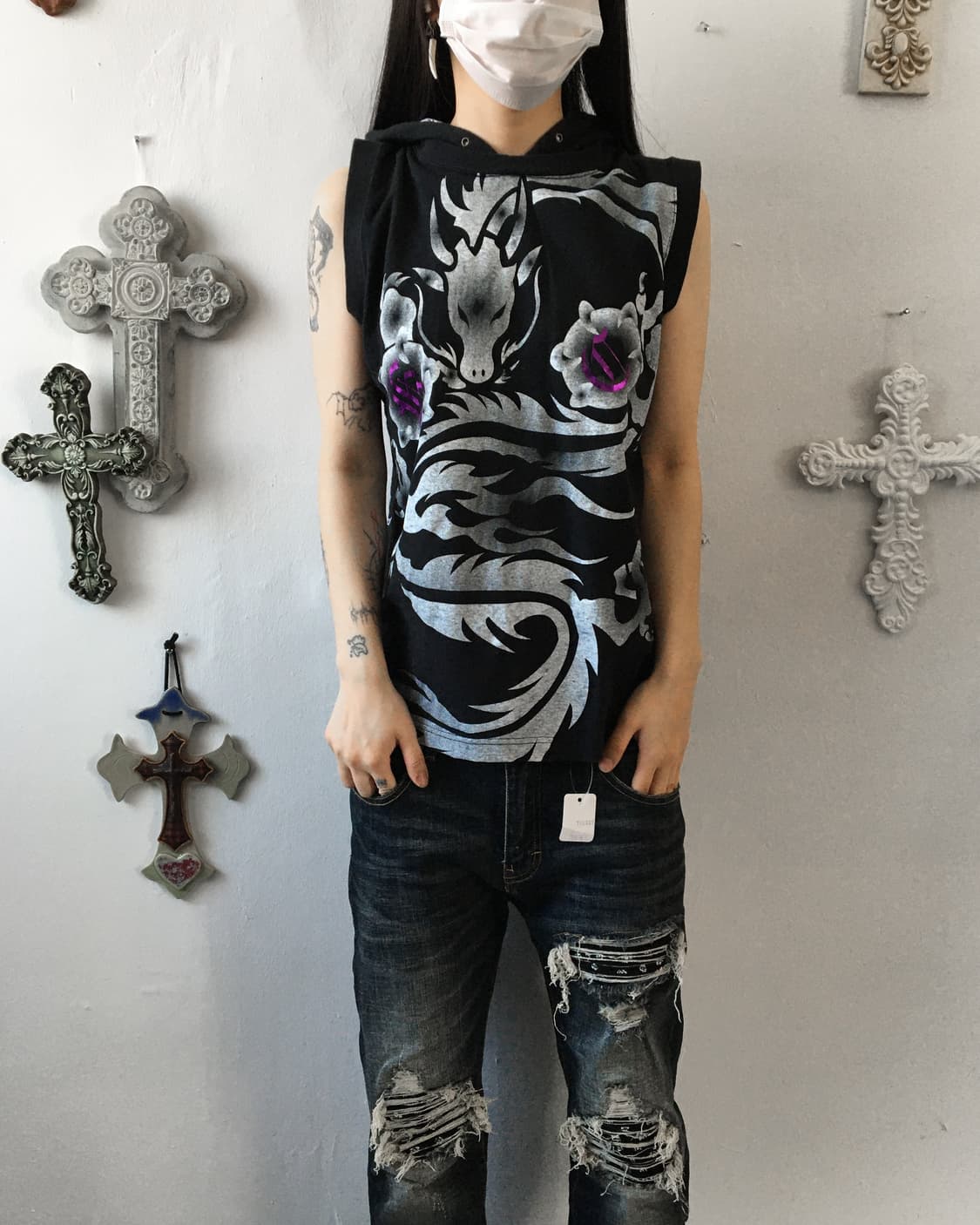 Dragon printing hood sleeveless 상품이미지1