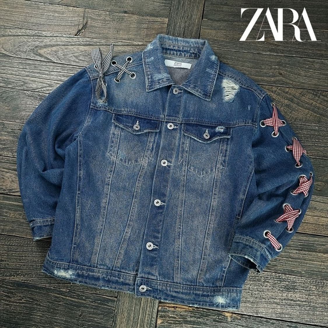 [자라] 체크 리본 레이스 오버핏 데님 자켓 청자켓 M19102 상품이미지1
