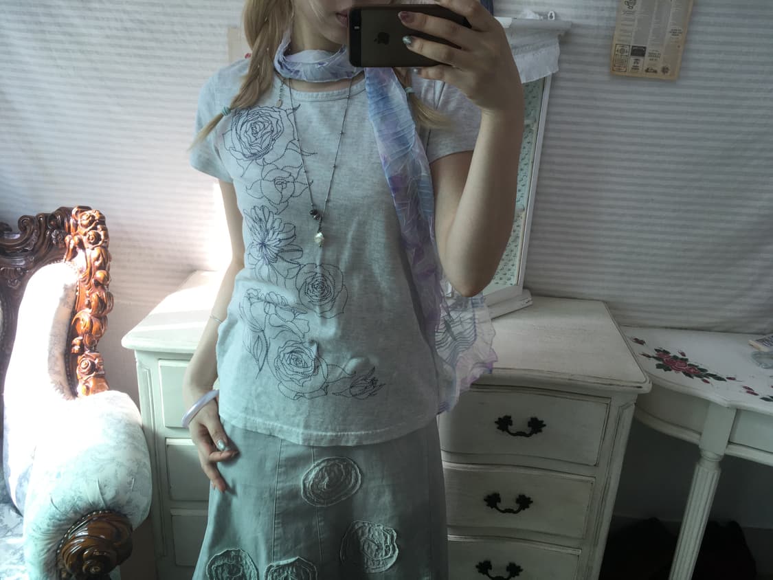 jpn vintage melange gray rose printing  상품이미지2