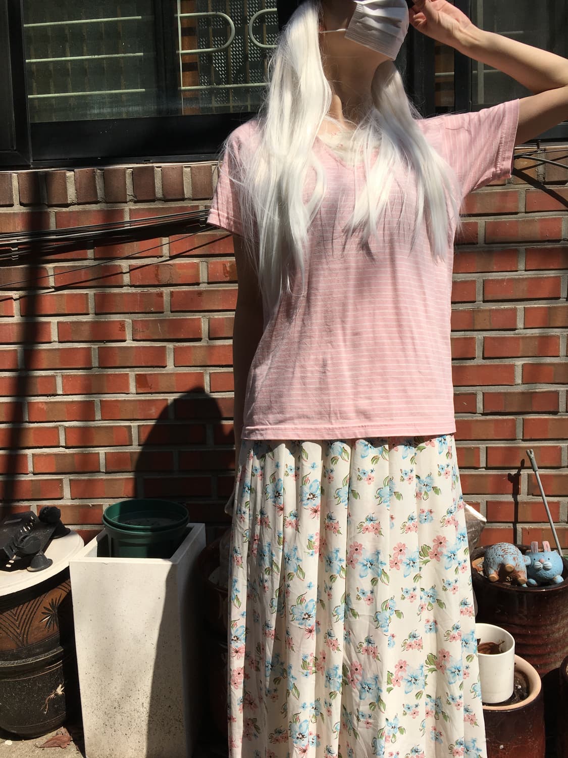 파스텔 핑크 스트라이프 티셔츠 & 플라워 가든 스커트 세트 상품이미지2