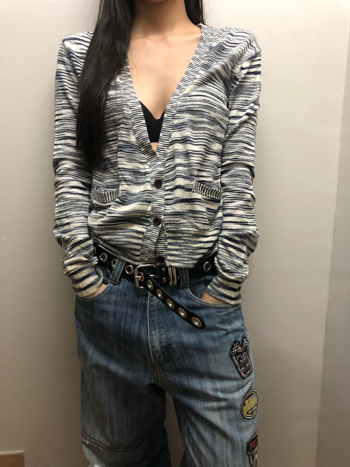 빈티지 코데즈컴바인 그레이 스트라이프 가디건 상품이미지3