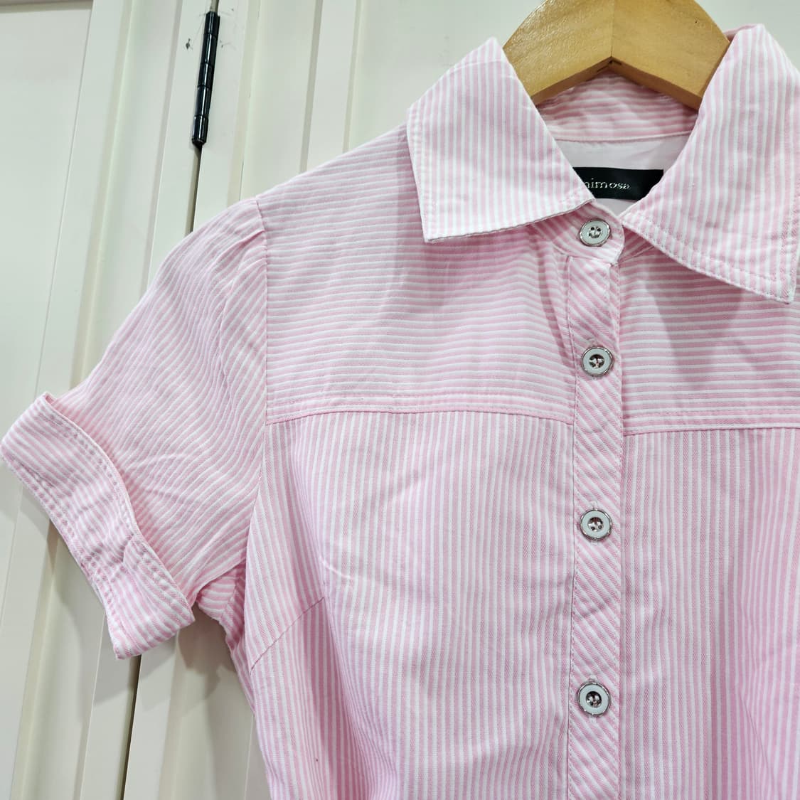 핑크 스트라이프 반팔 셔츠 원피스 상품이미지3