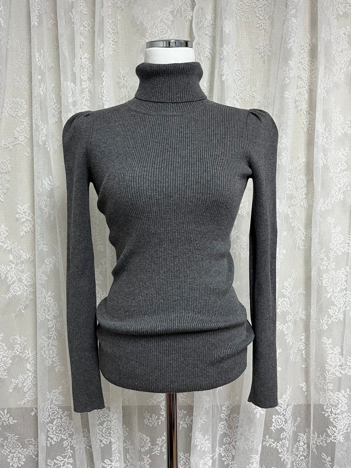 XS) 로렌 랄프로렌 퍼프소매 골지 폴라 니트 그레이 상품이미지1