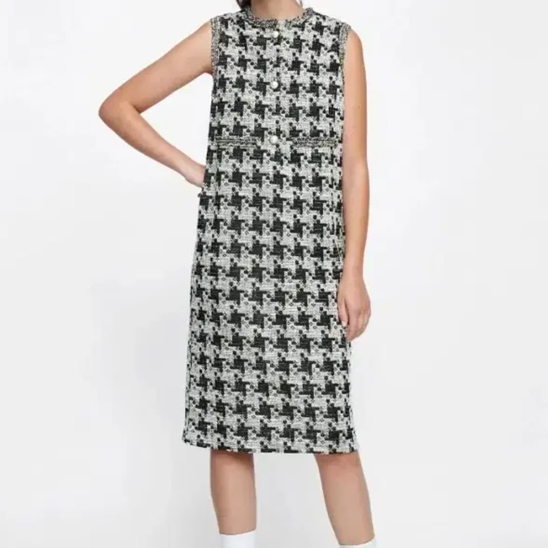 [새상품] ZARA 진주 버튼 하운드투스 체크 트위드 원피스 55 상품이미지1