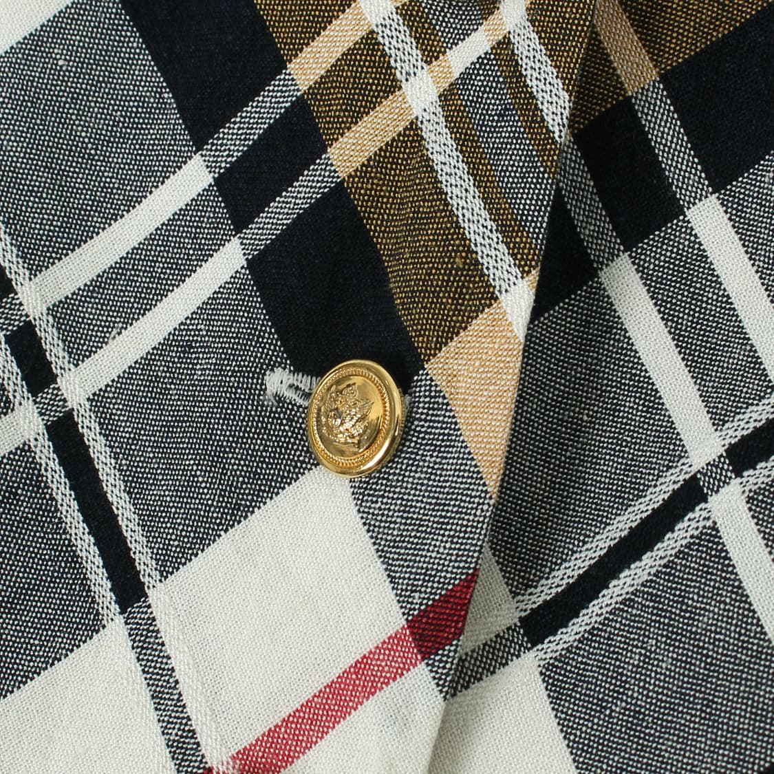 일본 빈티지 체크 인견 골드 버튼 라운드 넥 반팔 블라우스 상품이미지3