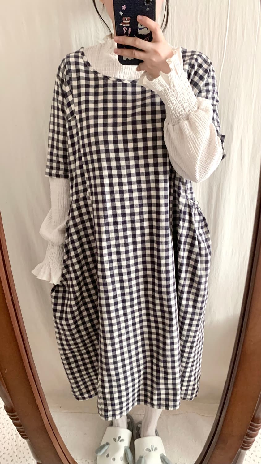 호박핏 네이비 체크 모리 롱원피스 상품이미지3