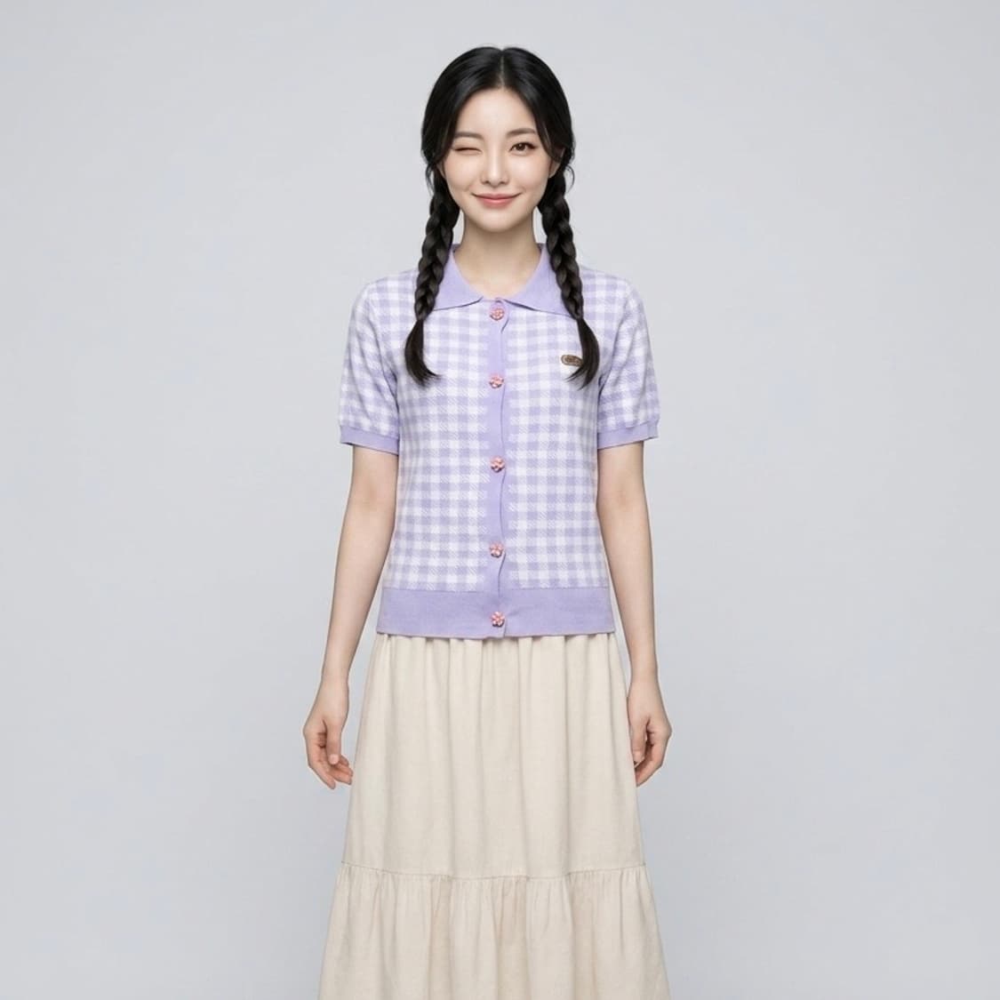 새) 라벤더  연보라 체크 반팔니트 상품이미지1