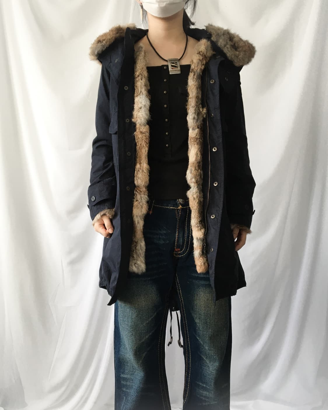 Fake fur point navy filed jacket 상품이미지1