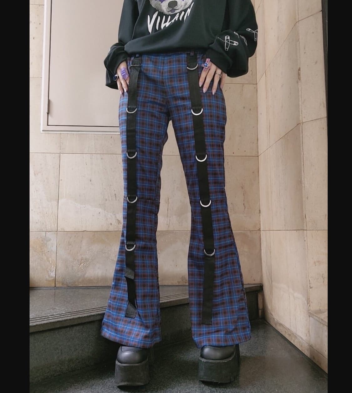 M 새제품) LISTEN FLAVOR 펑크 체크 플레어 부츠컷 바지 여자 상품이미지2