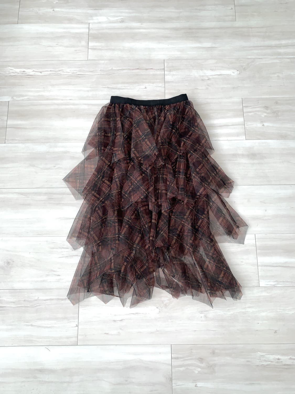 Brown Check Mesh Tiered Skirt 상품이미지1