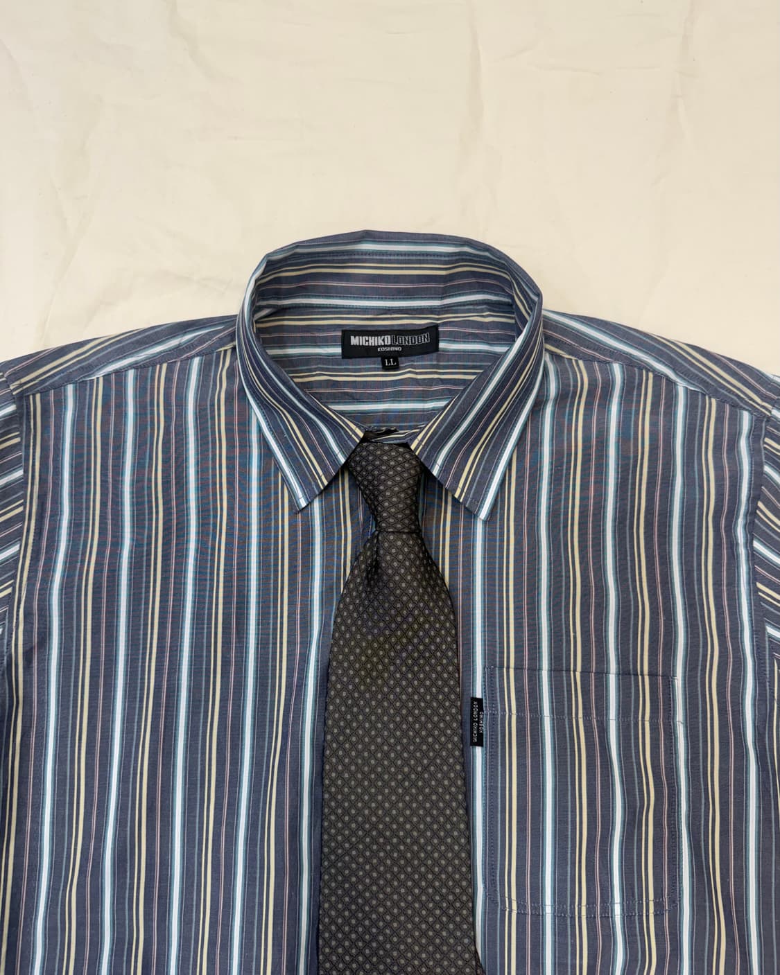 빈티지 블루 멀티 스트라이프 셔츠 & 다크 패턴 넥타이 세트 상품이미지1