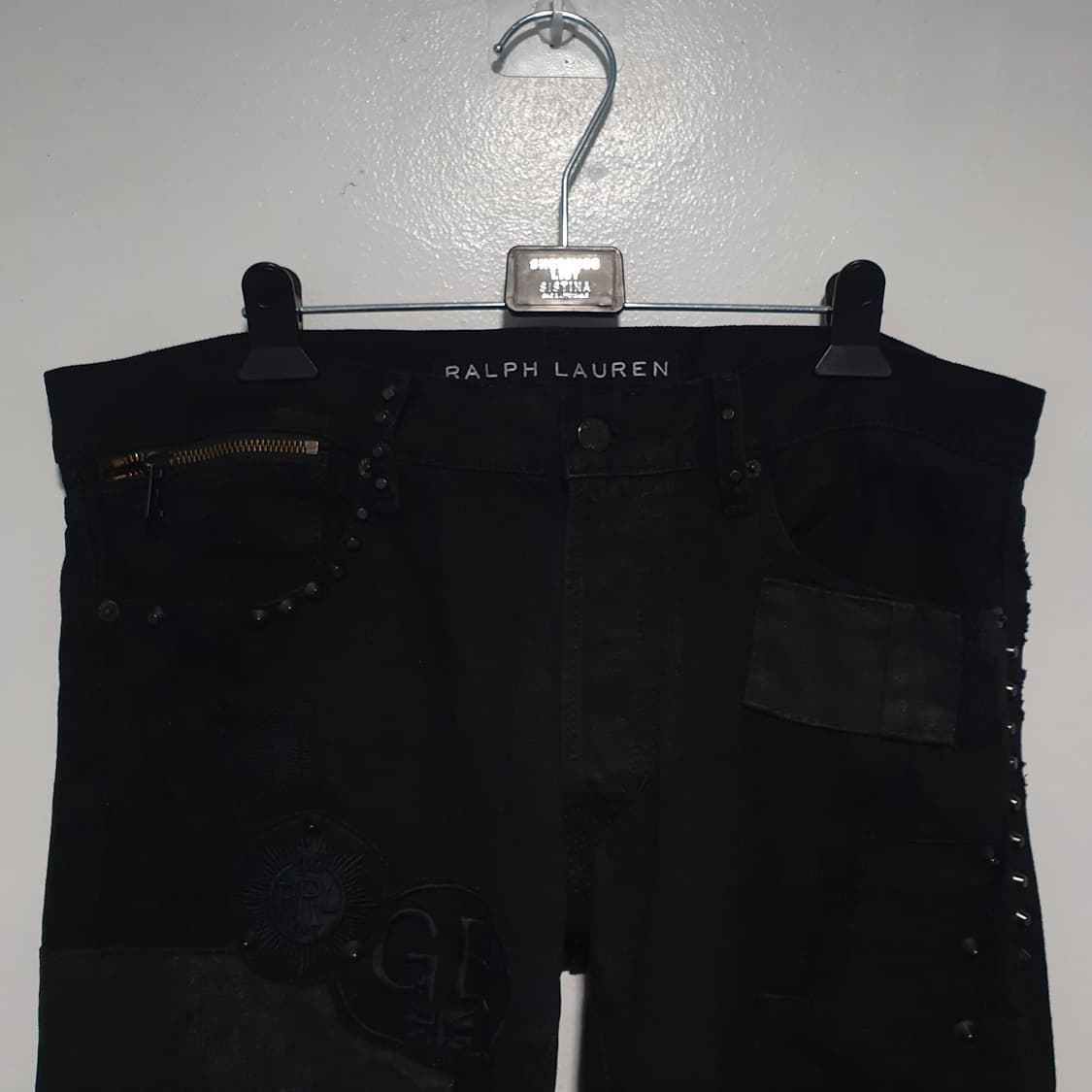 폴로 랄프로렌 블랙라벨 패치워크 지퍼 스터드 바이커 데님 팬츠 흑청 34 상품이미지2