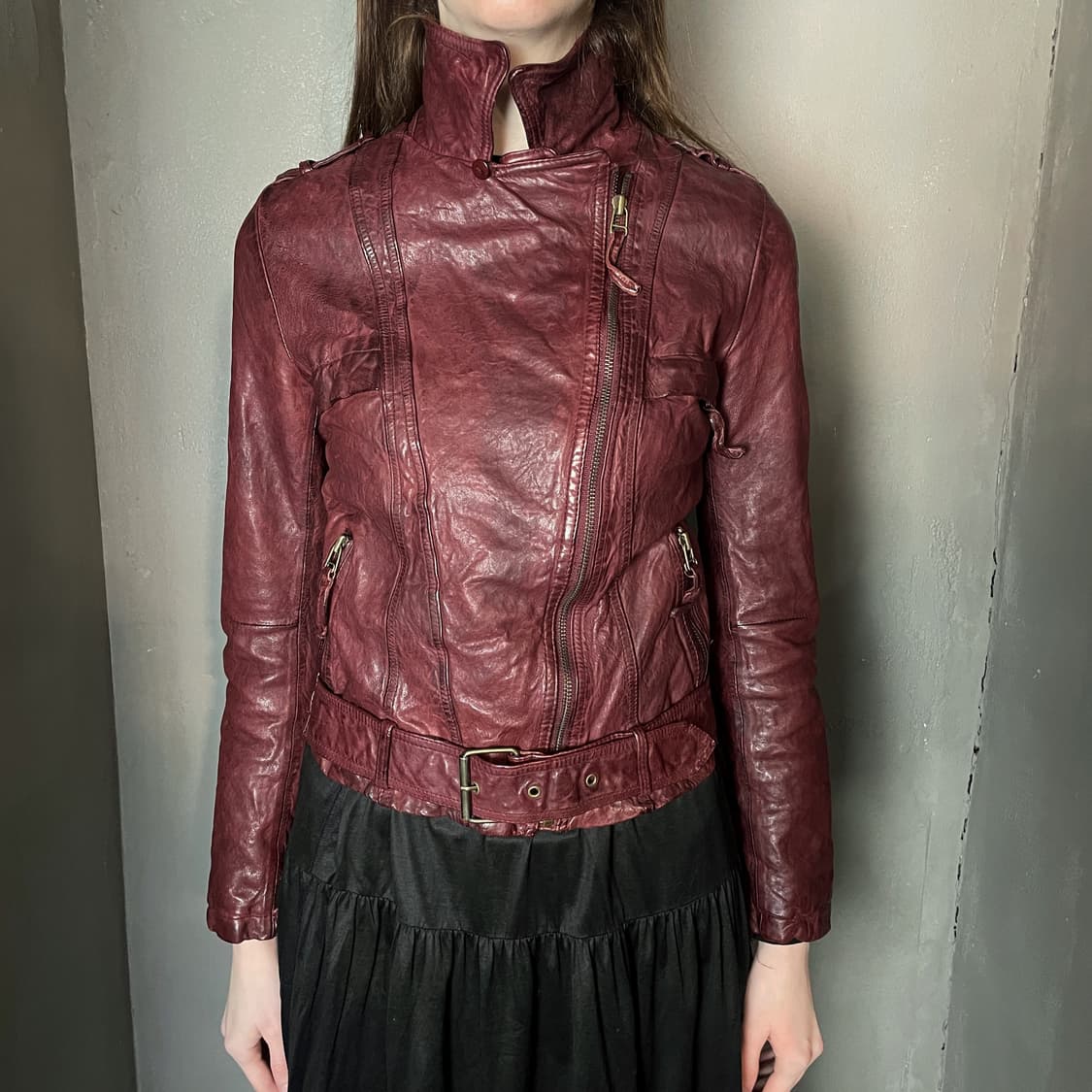 버건디 베지터블 레더 바이커 자켓 상품이미지4
