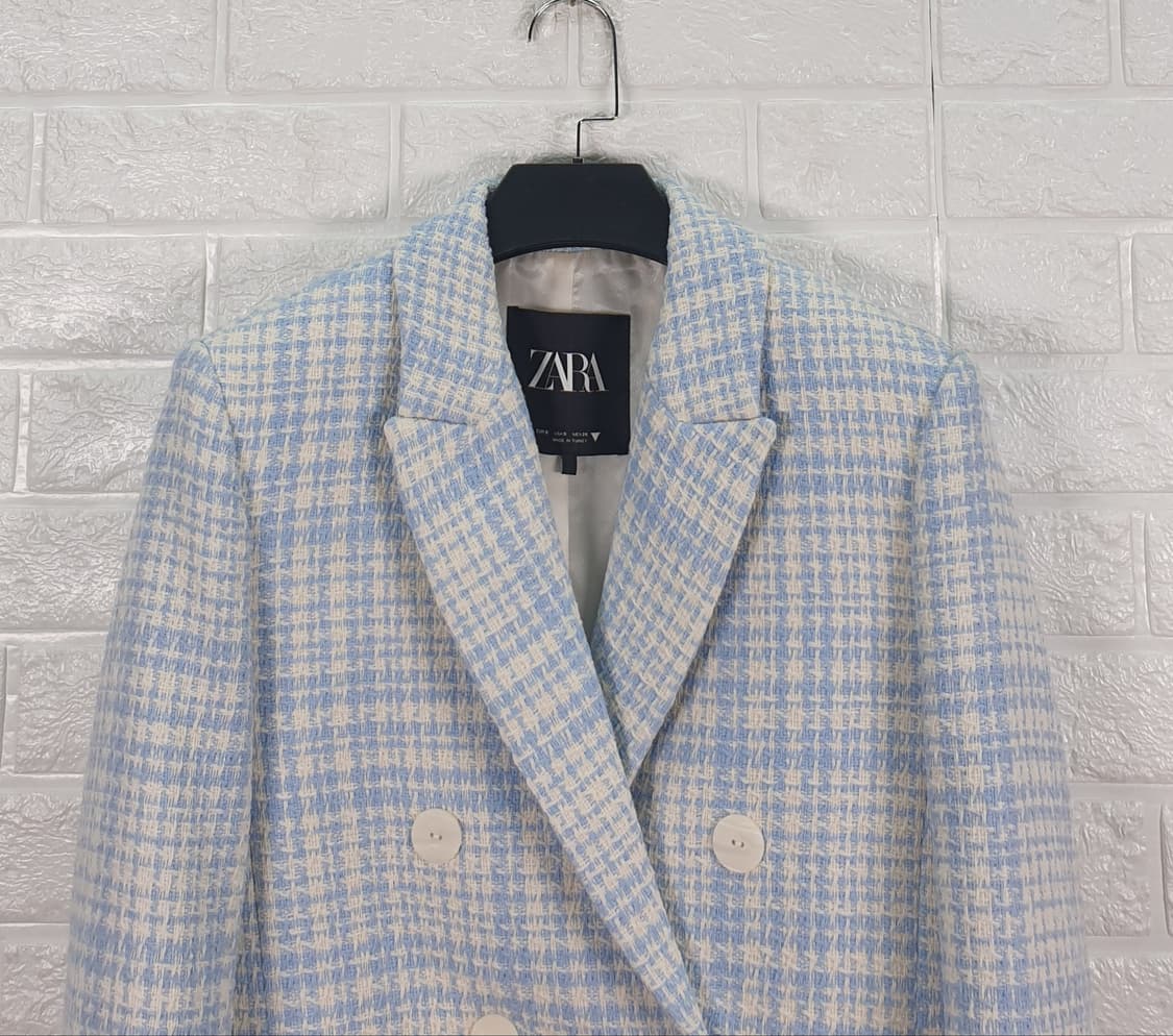 [55]자라 블루 체크 트위드 크롭자켓 상품이미지5