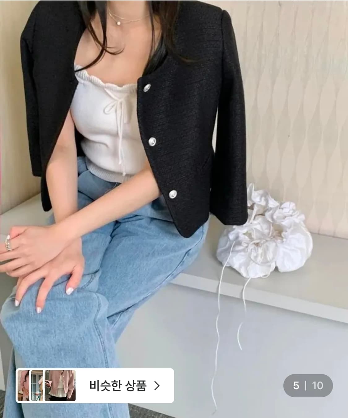 택달린새상품) 미엘 miel 브레스자켓 블랙 노카라 7부 숏 트위드 상품이미지1