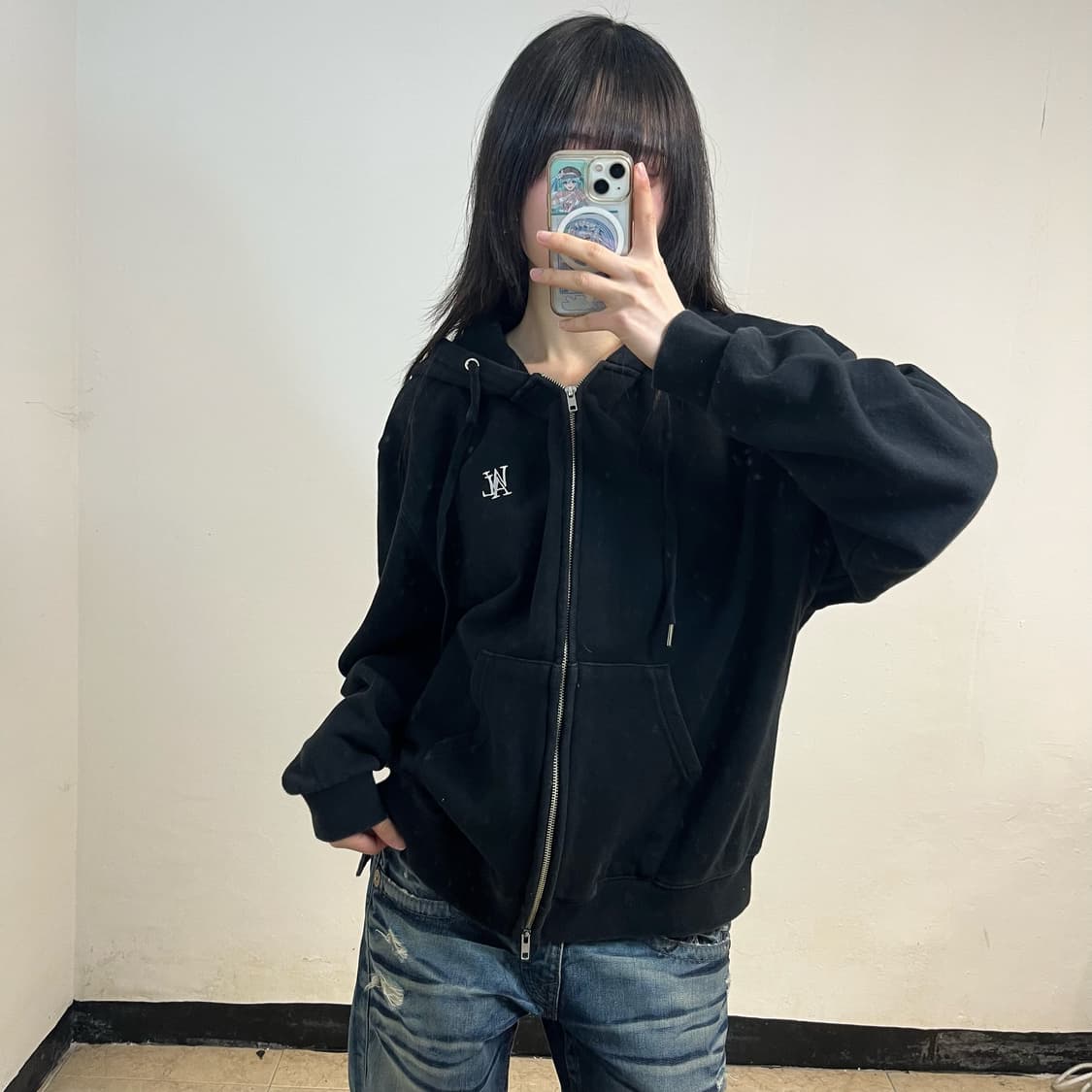 WOOALONG black hoodie zip-up 상품이미지2