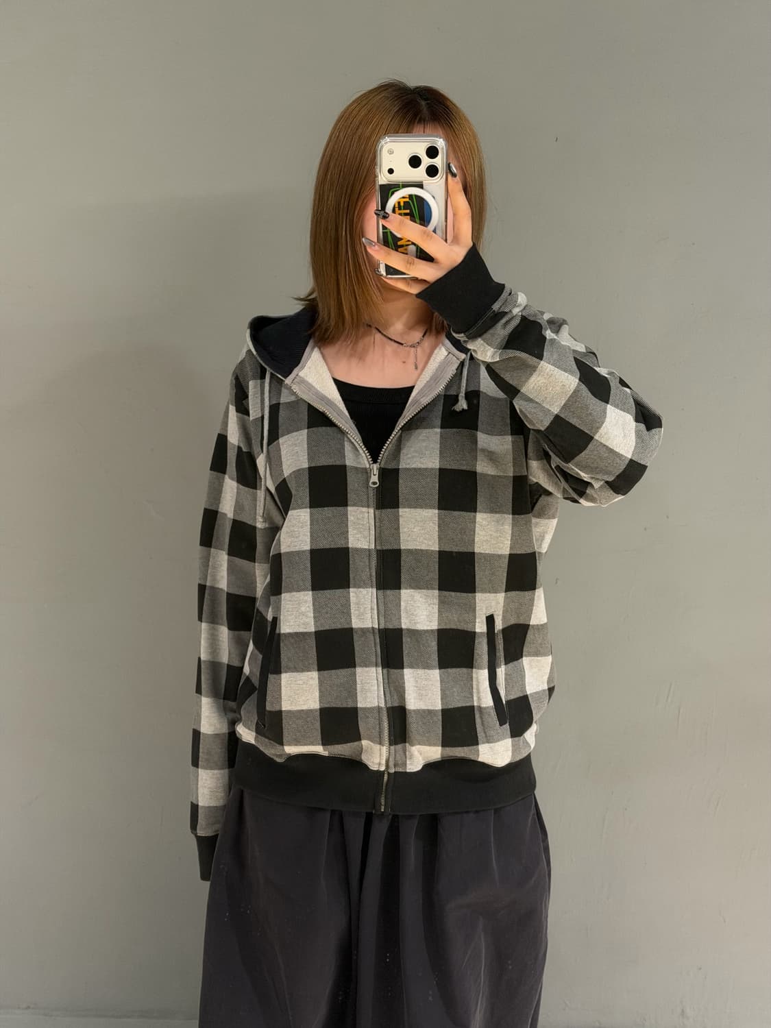 check pattern hood zip-up 상품이미지4