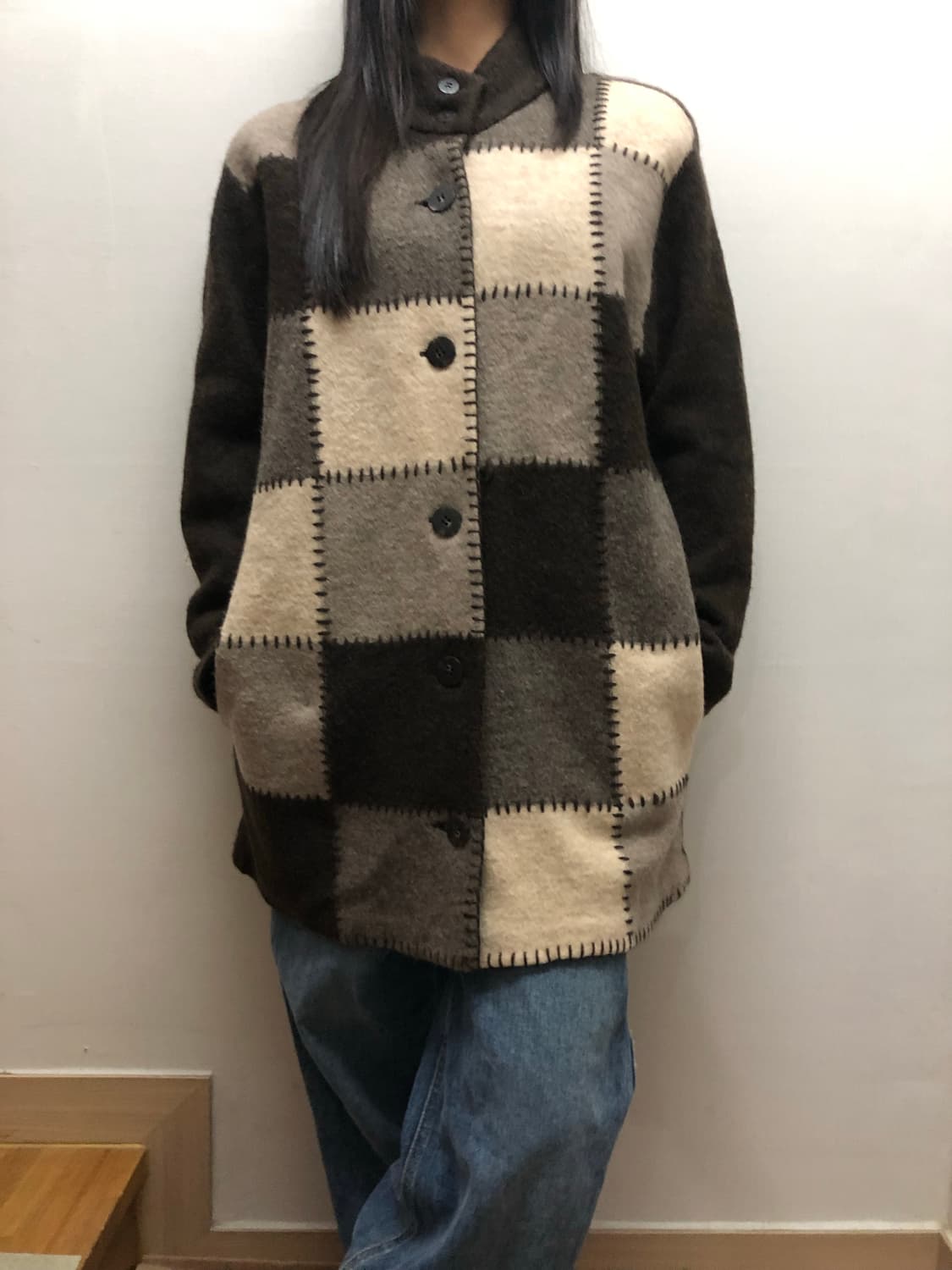 빈티지 브라운 울 패치워크 하프 코트 상품이미지2