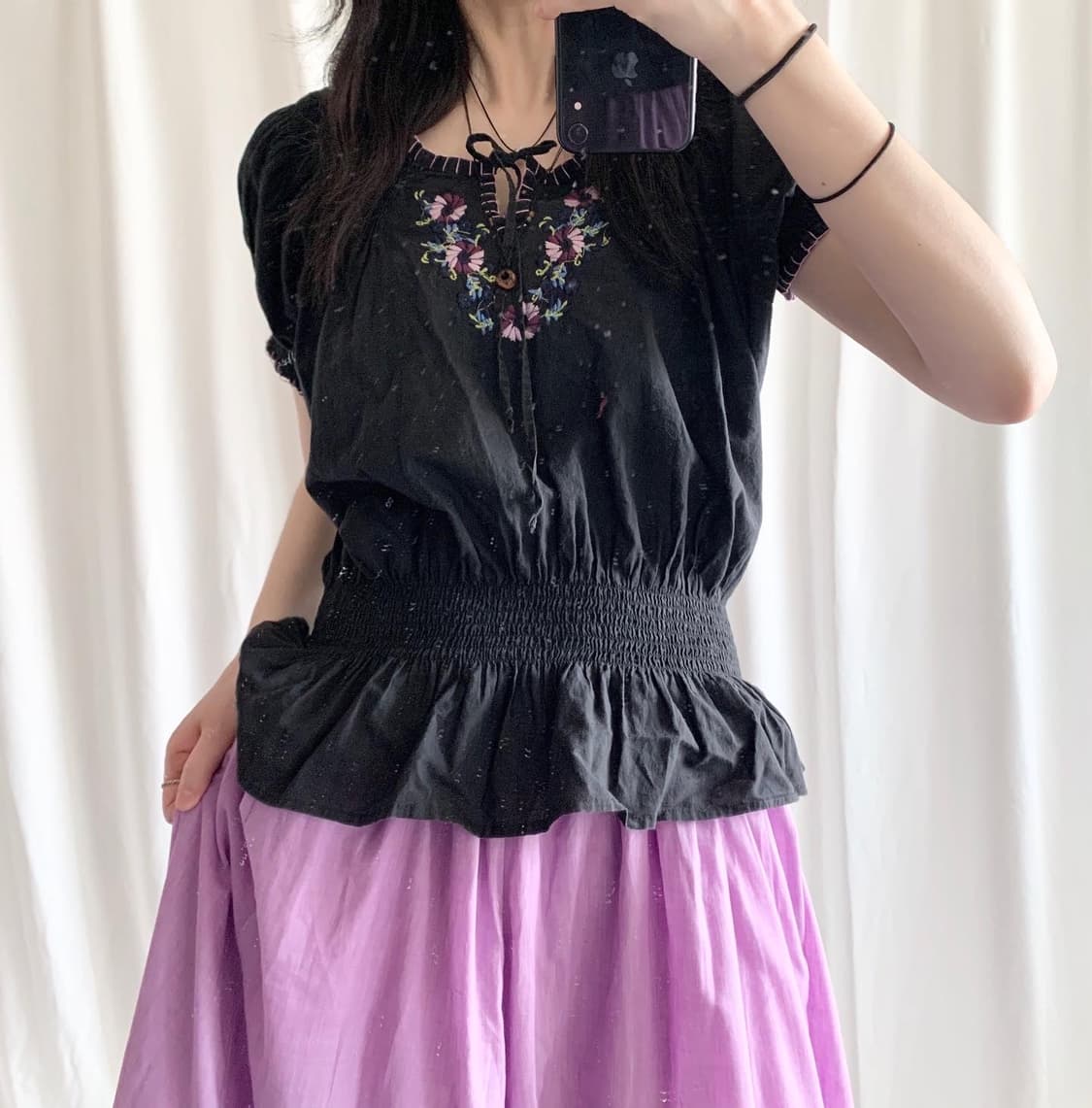 purple embroidery blouse skirt 상품이미지3