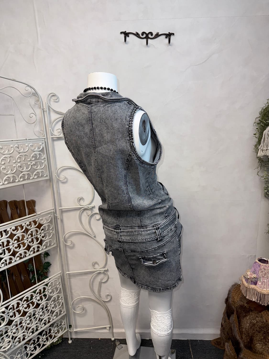 Washing black denim pocket belted ops 상품이미지6