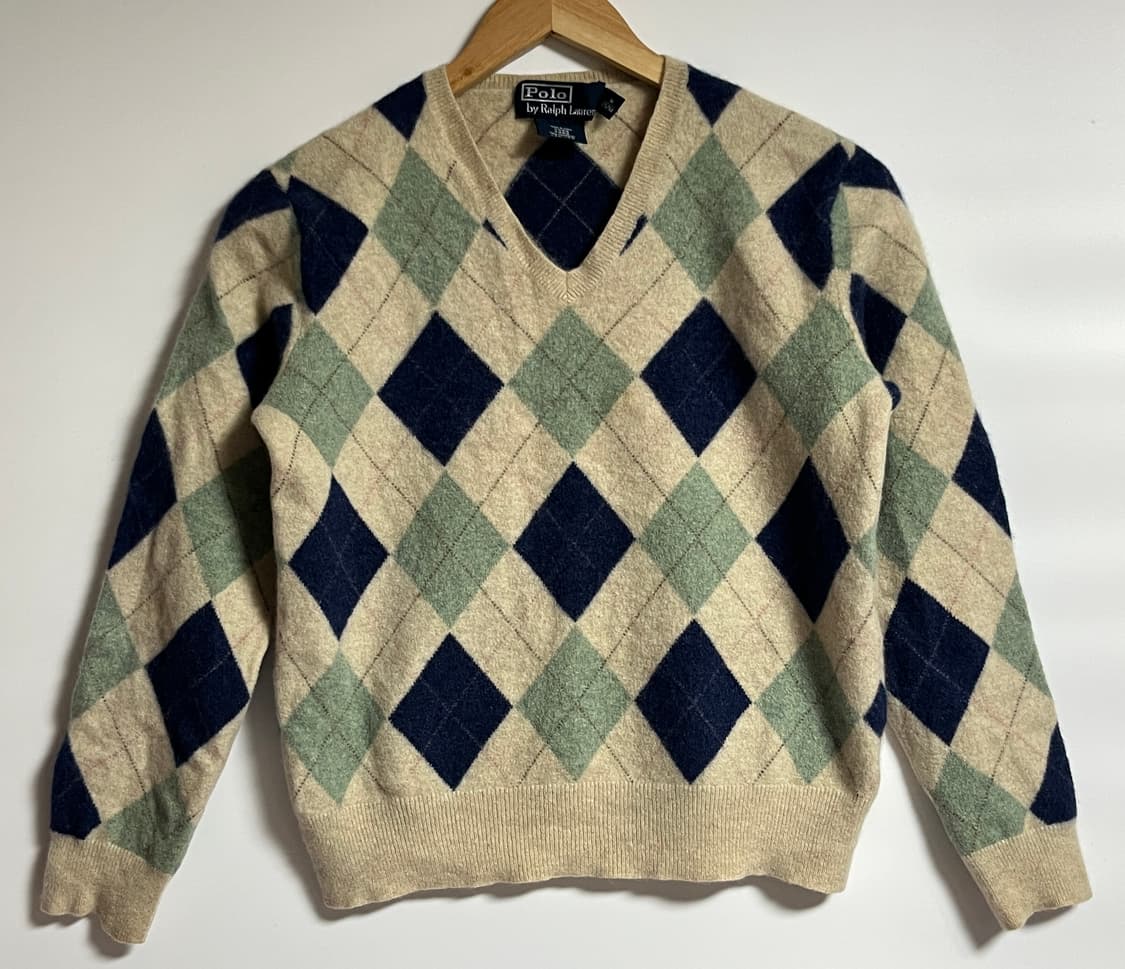 폴로랄프로렌 아가일 브이넥 캐시미어 니트 스웨터 M 상품이미지1