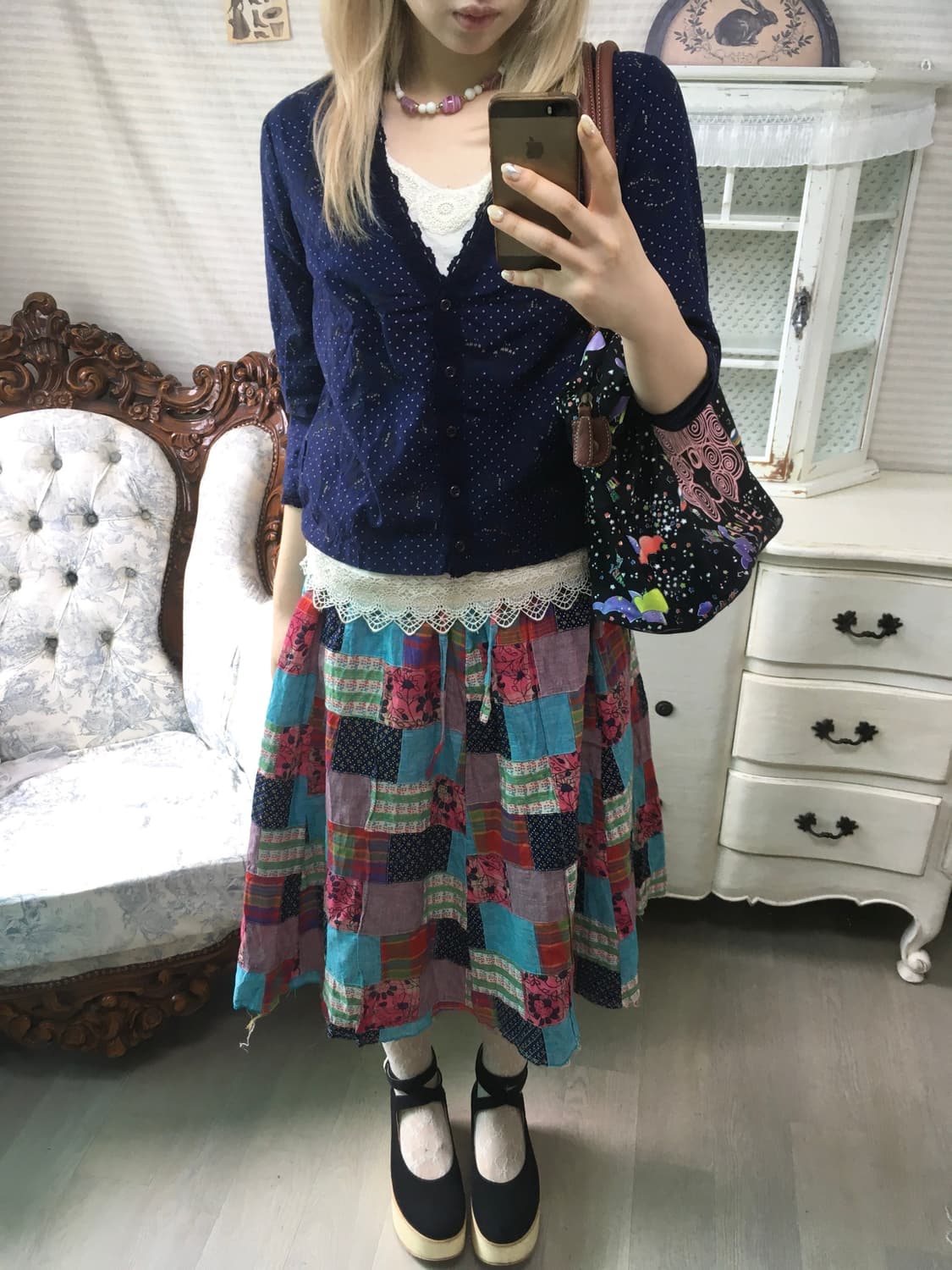 Set)스칼라 도트 가디건 + 패치스커트 + 오트밀나시 상품이미지5