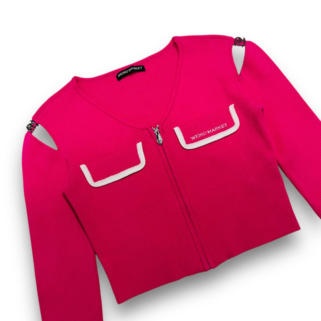 위어드 마켓 사이드 절개 미니 엠블럼 로고 핑크 니트 집업 상품이미지2