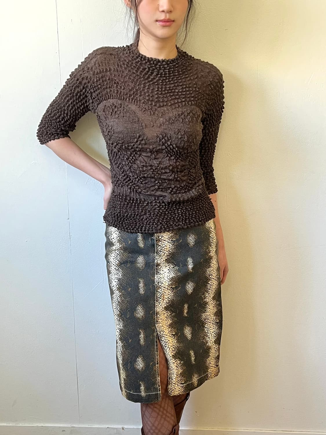 Japan Vtg 올리브 텍스쳐 탑 상품이미지5