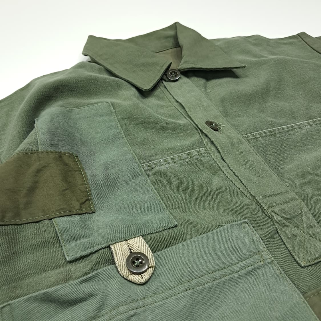 CK036 L 일본빈티지 바잉 패치워크 올리브 팝오버 반팔 셔츠 남방 상품이미지3