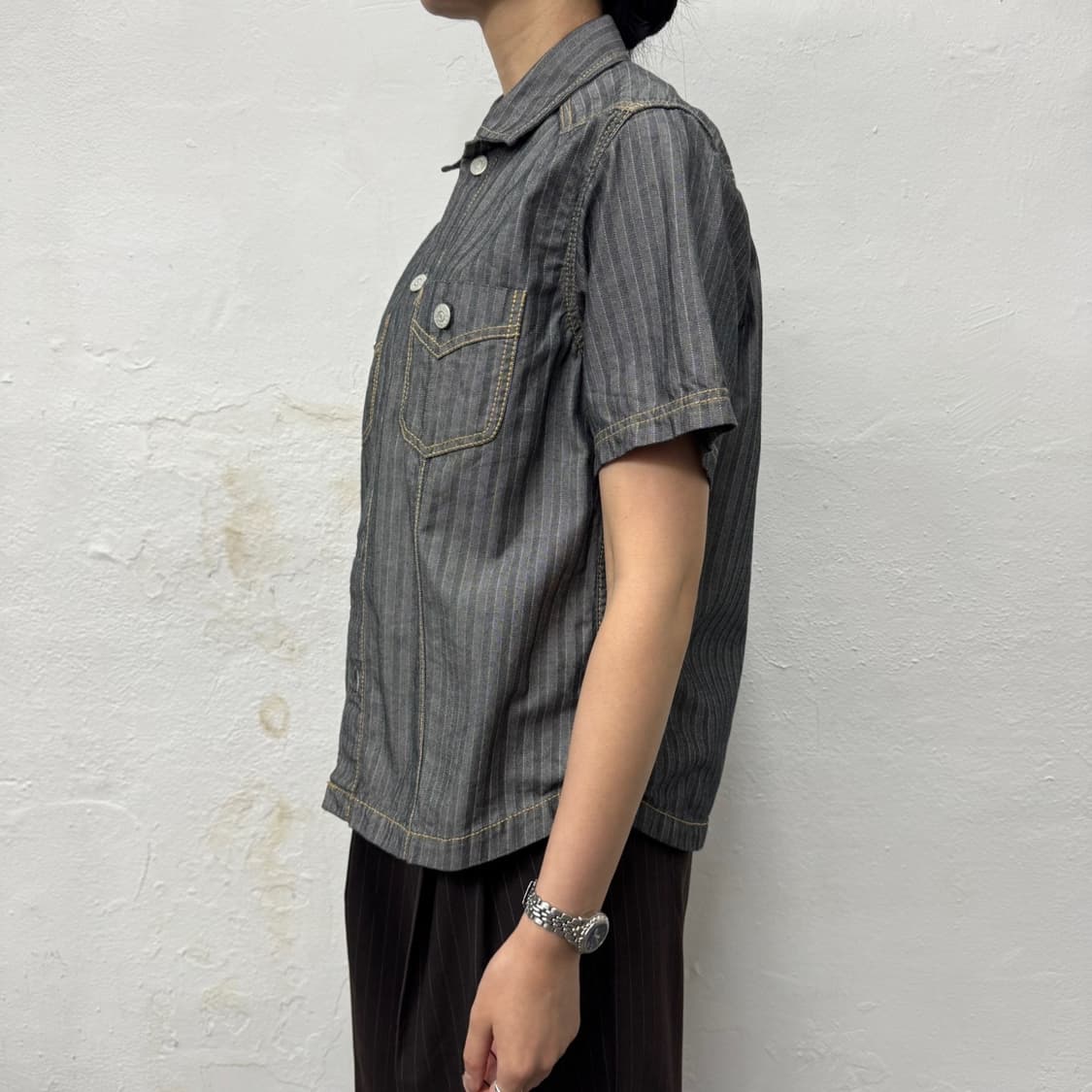 TETE HOMME 헤링본 데님 라운드 컷 반팔 셔츠 상품이미지2