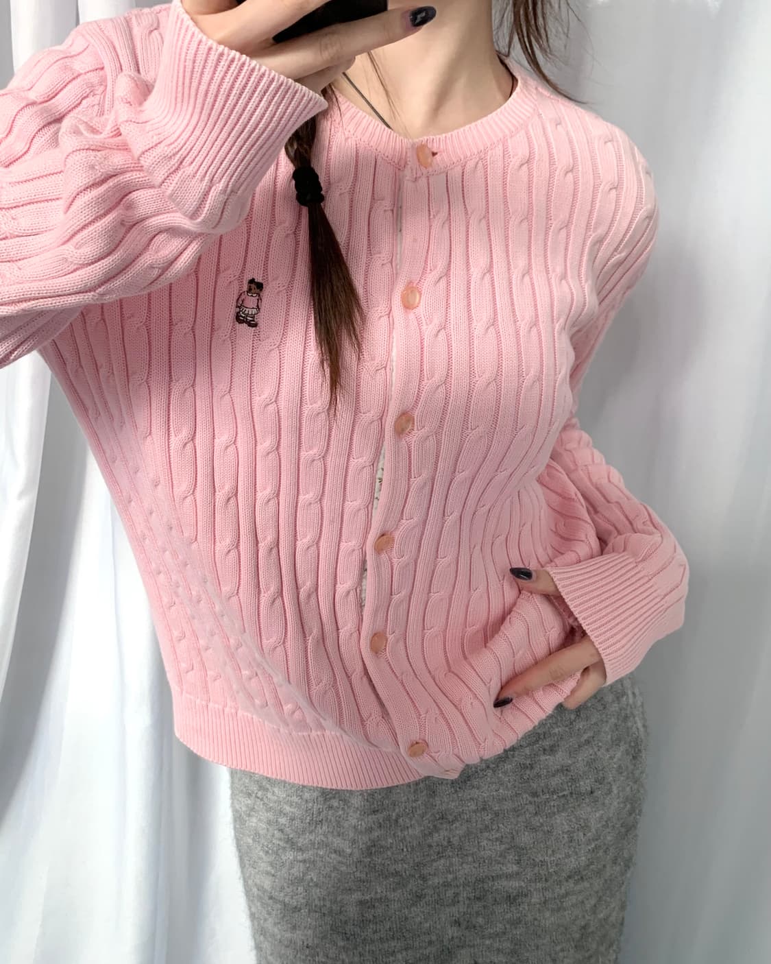 Teenie Weenie 티니위니 베어로고 베이비핑크 케이블 코튼 가디건 상품이미지8