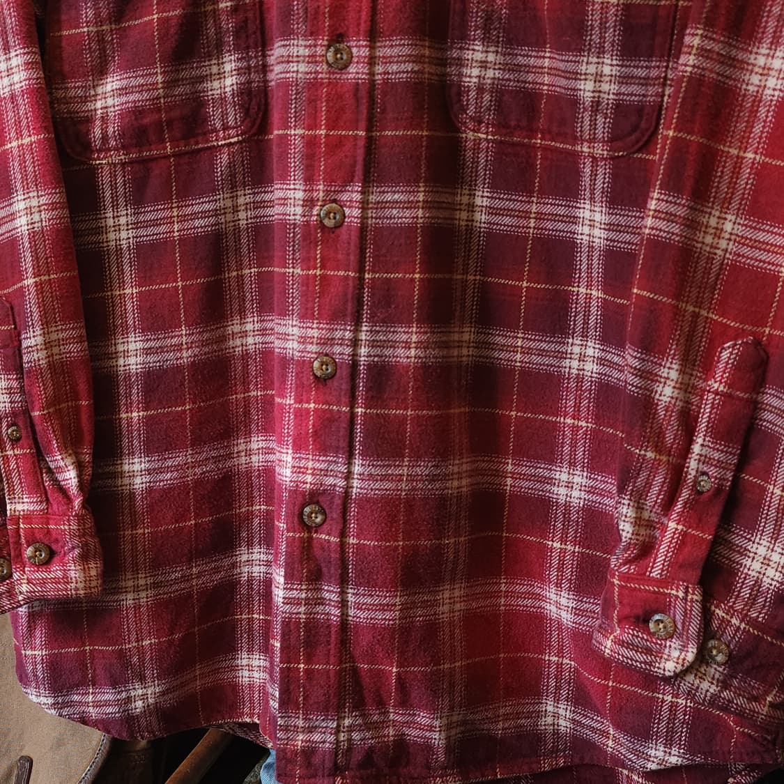 90s 빈티지 체크셔츠 헤비 플란넬 워크셔츠 썬페이딩 레드 xl 상품이미지7