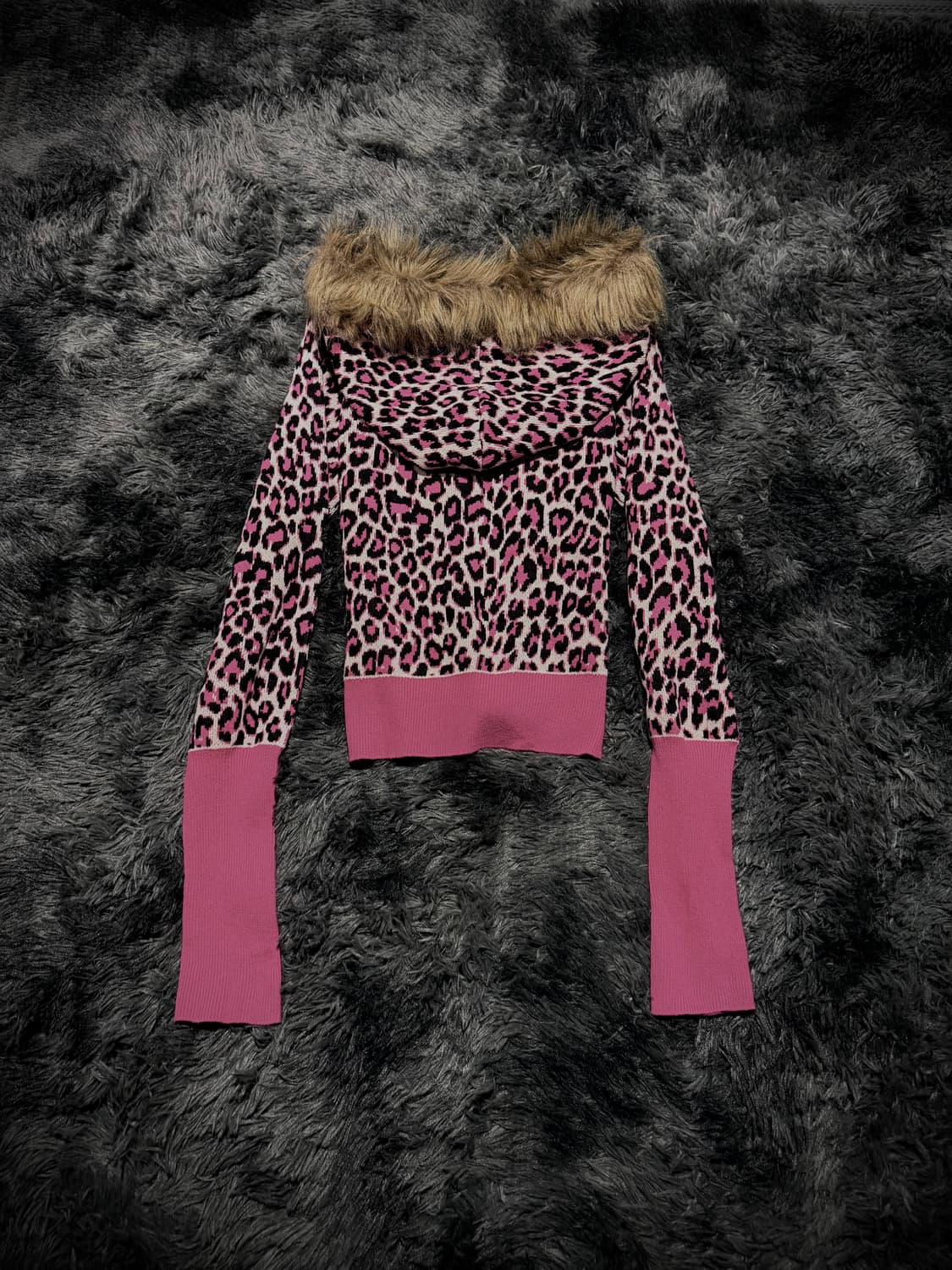 핑크 크롭 레오파드 퍼 후드집업 상품이미지2