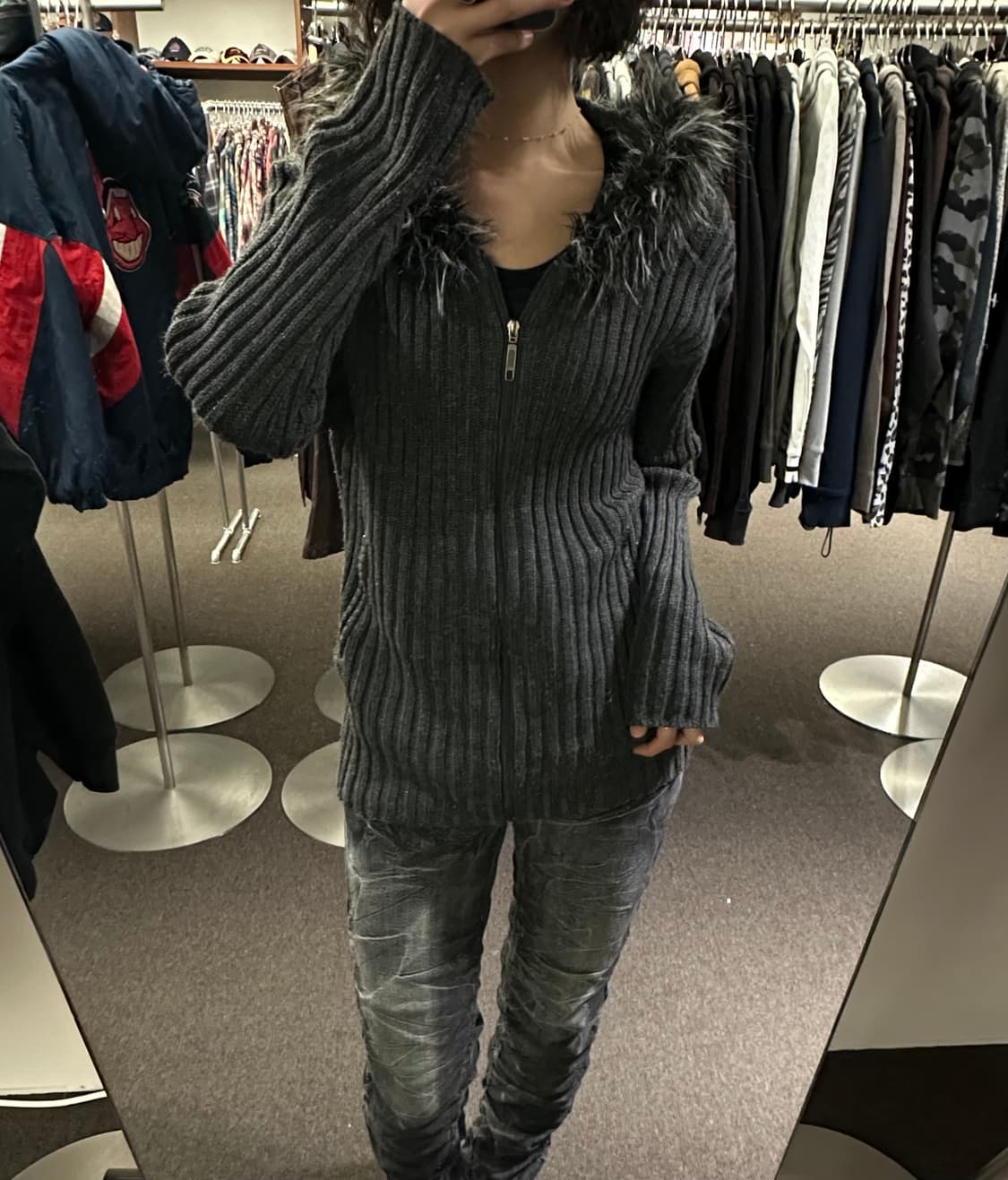 XL)Sorridere 빈티지 퍼 트리밍 니트 후드집 가디건 상품이미지1