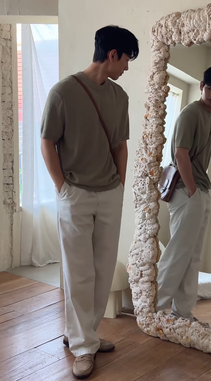 포터리 숏슬리브 부클 크루넥 반팔니트 올리브 4size 상품이미지2