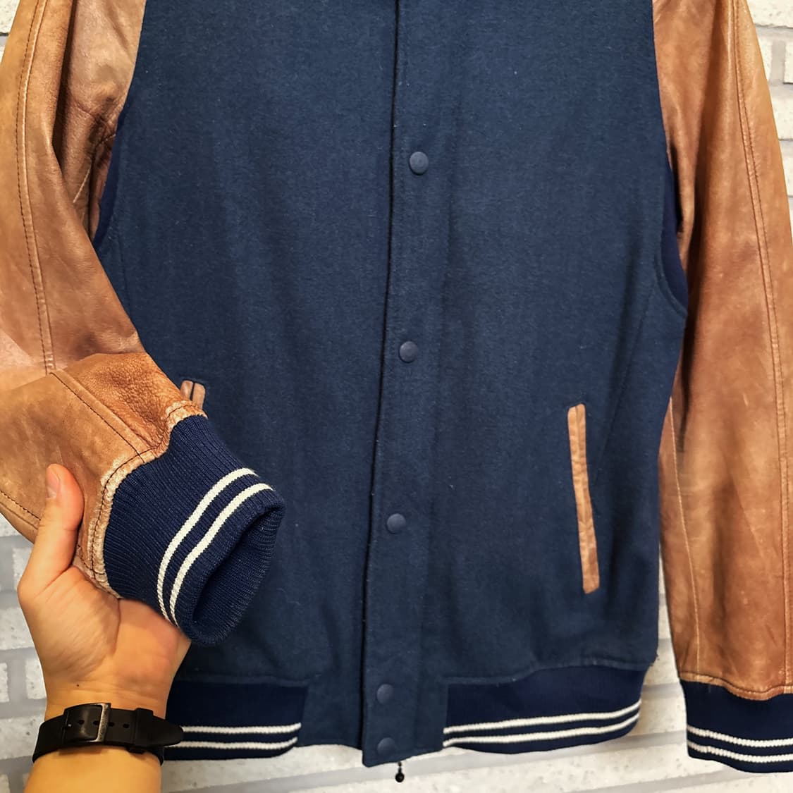 JPN VINTAGE 쉽스킨 레더 바시티 집업자켓 투웨이 디테일 네이비 상품이미지5