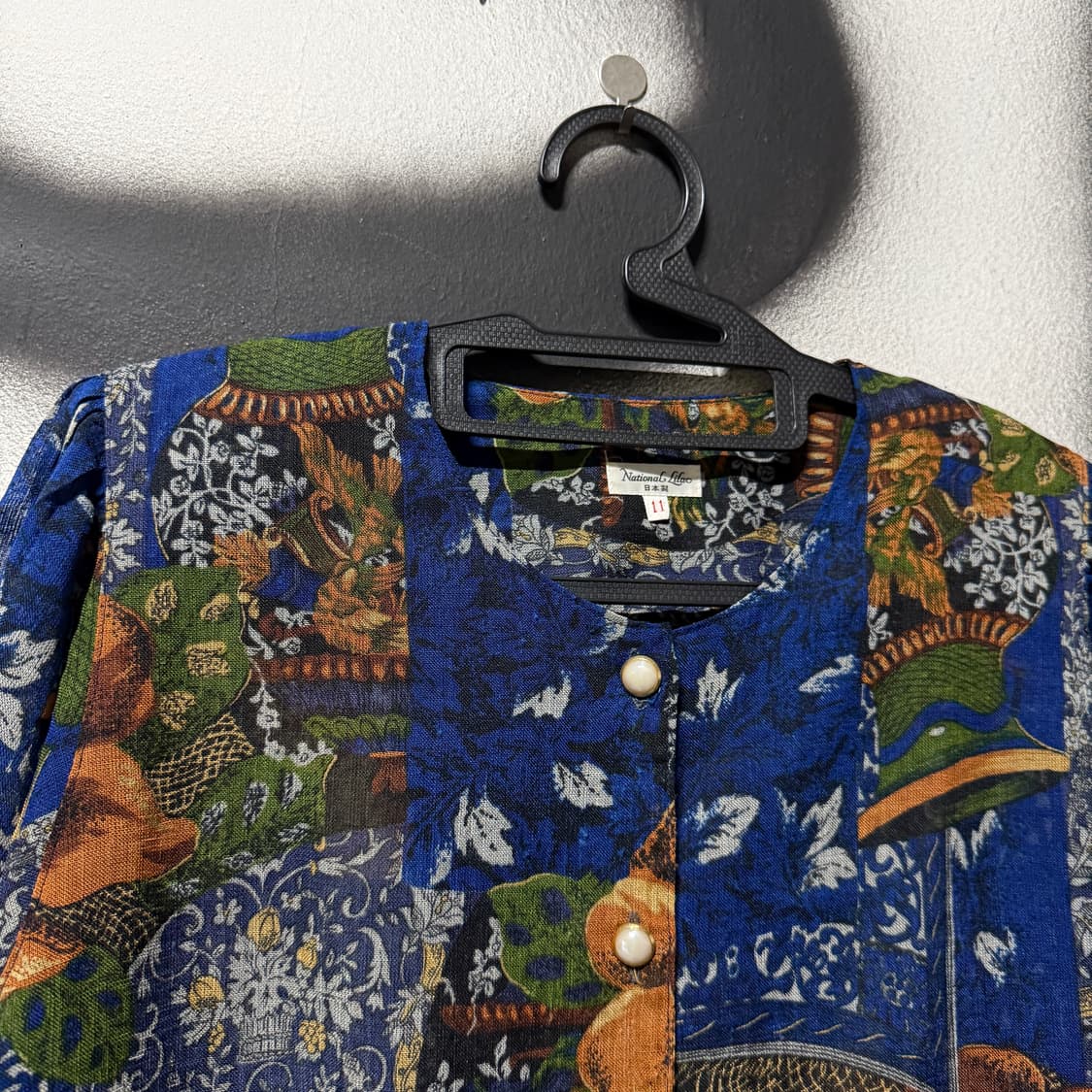 VTG 빈티지 에스닉 패턴 블루톤 논카라 긴팔 셔츠 블라우스 자켓 상품이미지3