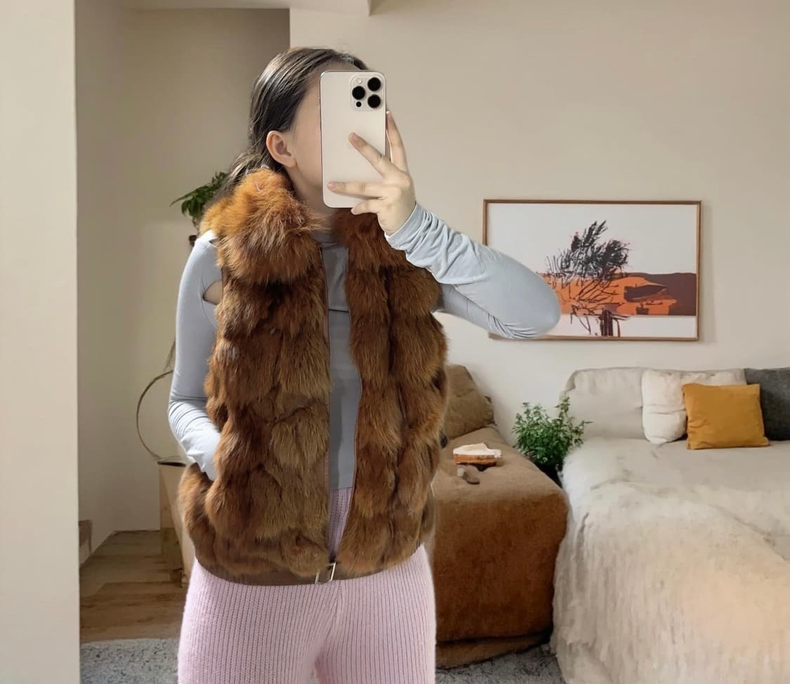 빈티지 브라운 폭스퍼 여우털 양가죽 조끼 베스트 상품이미지7