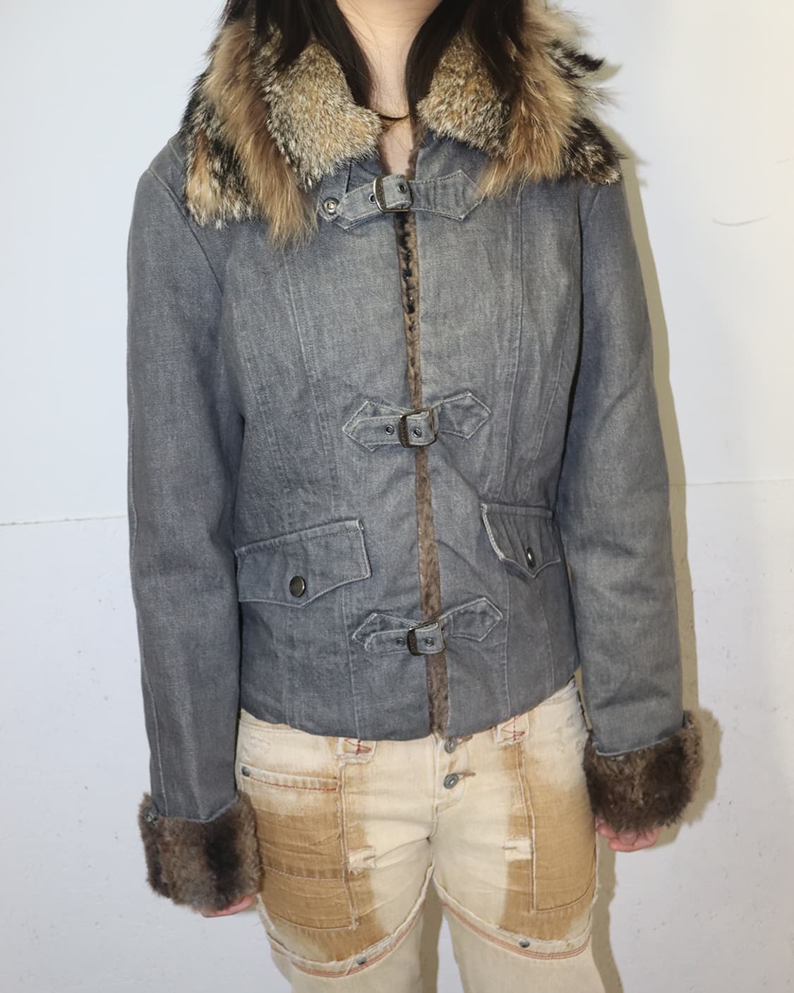 지안프랑코 페레 진 벨트 클로저 디테일 퍼 트리밍 데님 자켓 상품이미지3