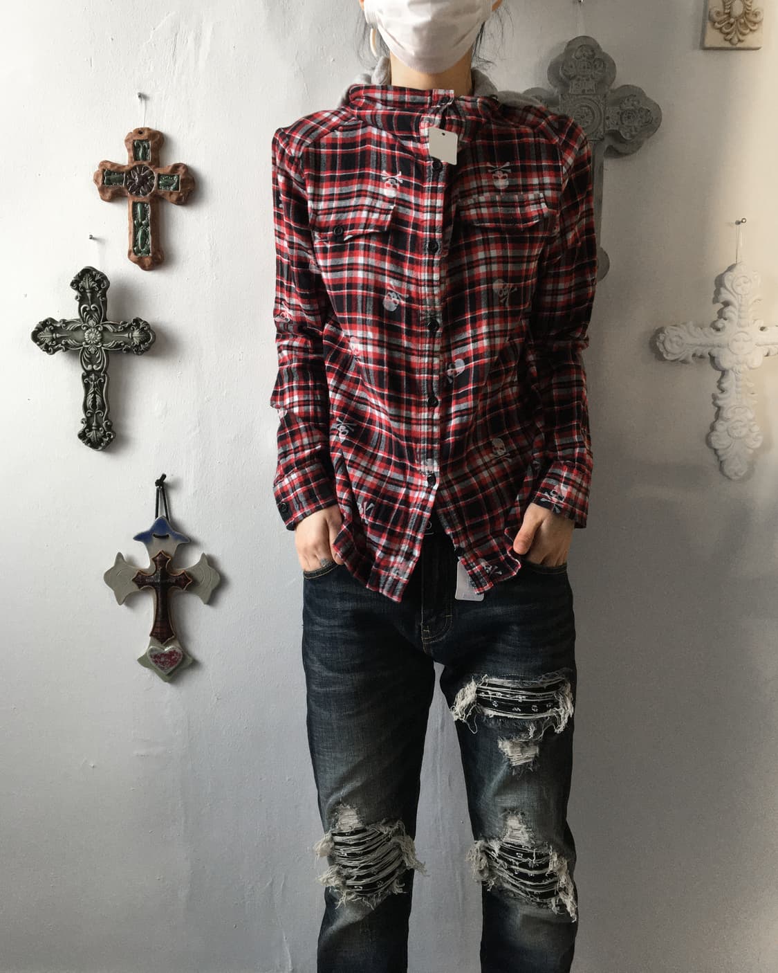 Hood layered skull check pattern shirt 상품이미지1