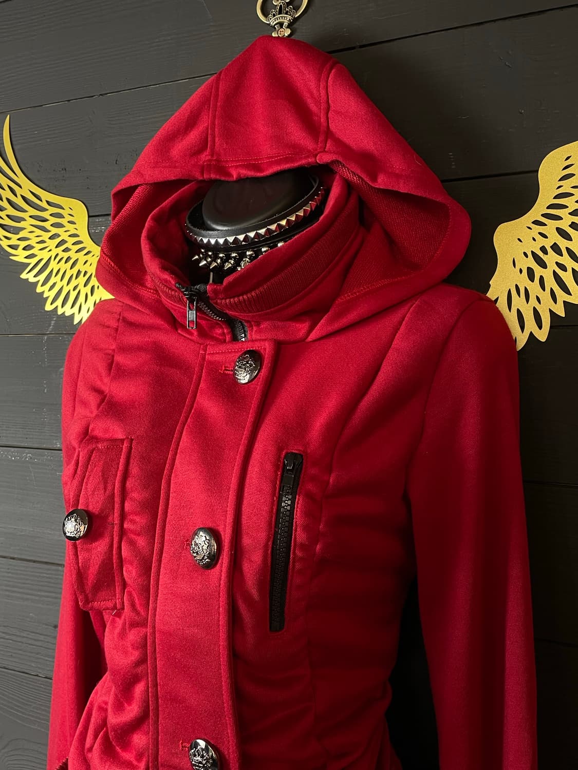 JPN 펑크 골드버튼 금장 레드 후드 셔링 자켓 상품이미지3
