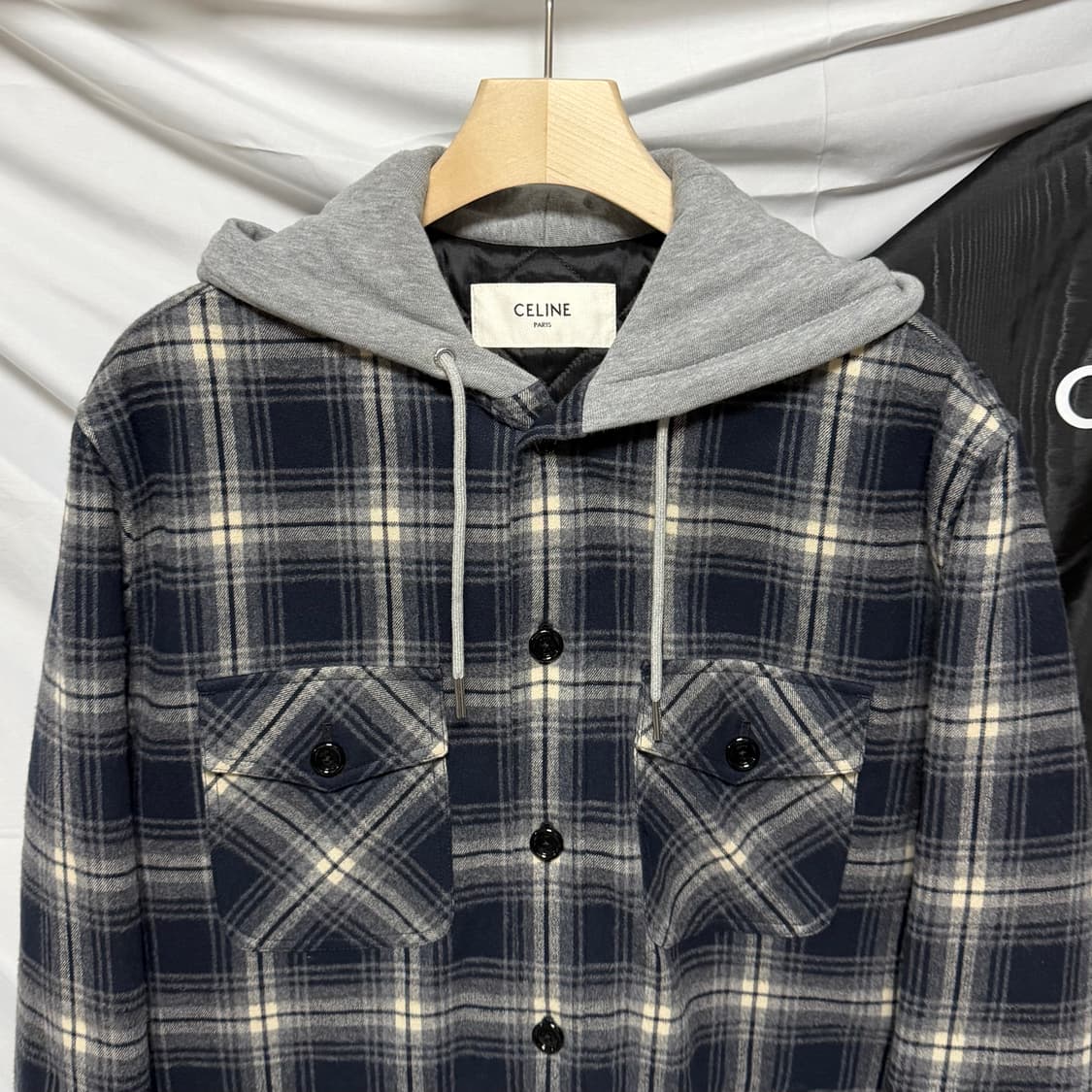 [S+급/오버핏44] 셀린느 체크 코튼 후드 오버셔츠 자켓 상품이미지4