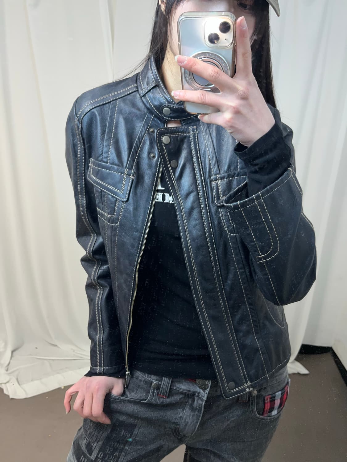 블랙 스티치 레더 자켓 상품이미지2