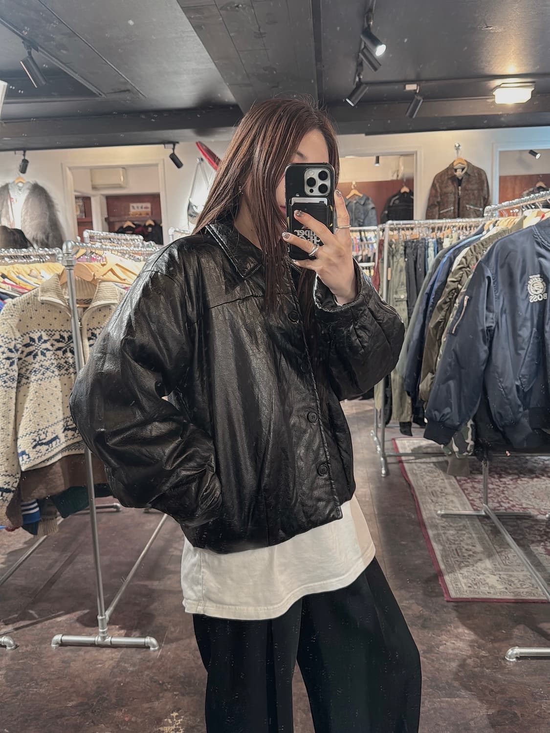 WE ARE 빈티지 크롭 크랙 블랙 레더 누빔 점퍼 자켓 F 상품이미지1