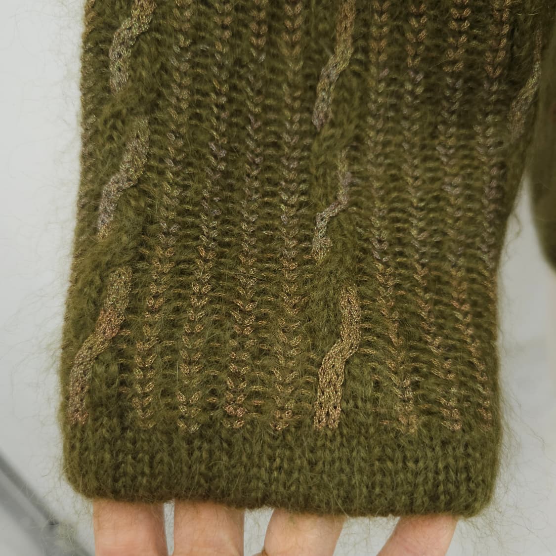 울 헤어리 딥올리브 컬러믹스 진주버튼 가디건 상품이미지6