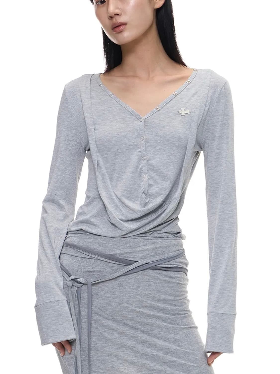 새상품) 2000아카이브스 드레이프드 헨리탑 멜란지그레이 상품이미지2