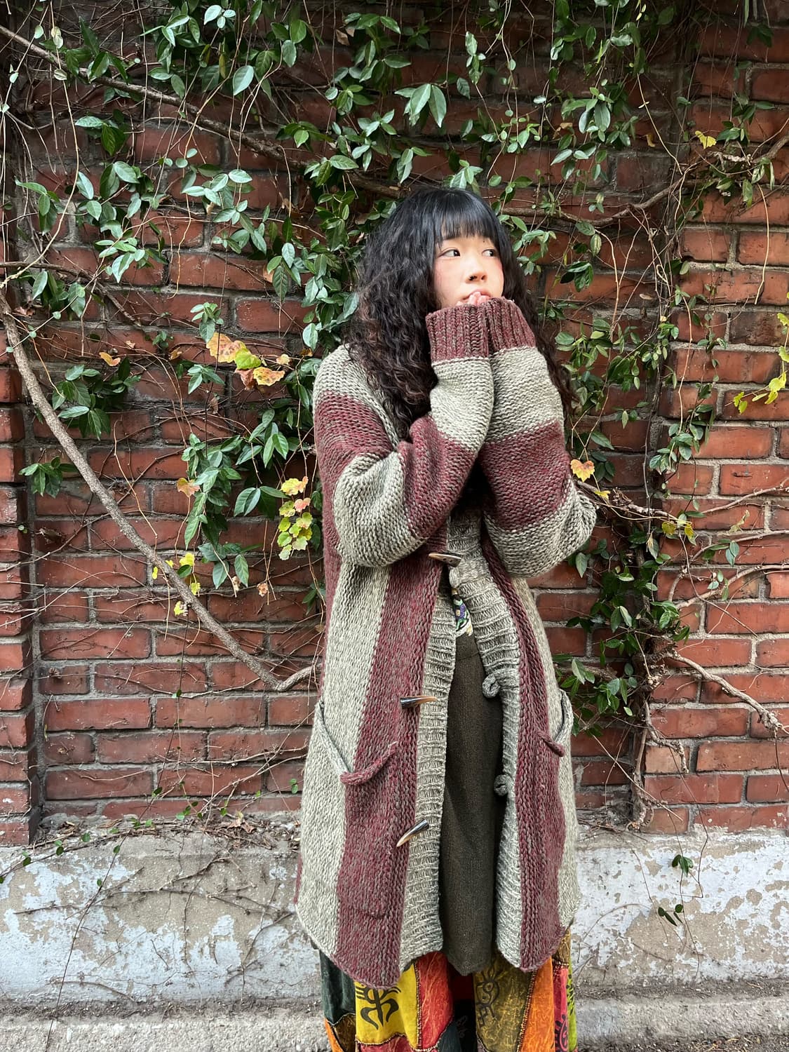 빈티지 버건디 니트 후드 더플 가디건 상품이미지2