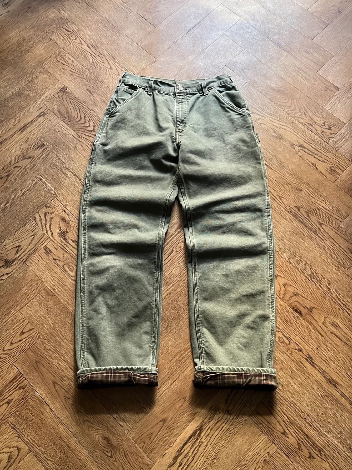 [33]칼하트 USA 체크 라이닝 모스그린 싱글니 워크팬츠 상품이미지1